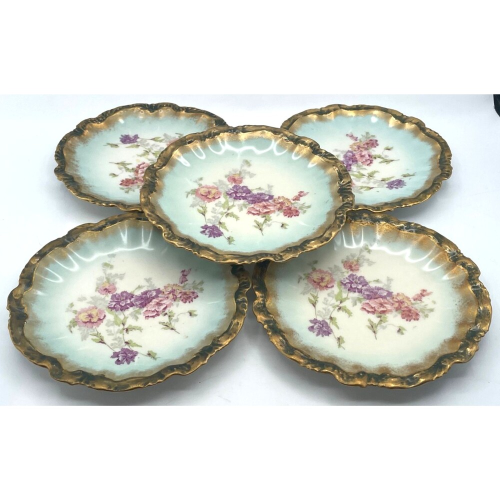 Set Of 5 Antique COIFFE Barny & Rigoni Limoges Plates 7" Gold Trim Floral France